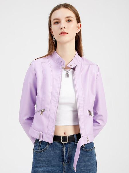 Faux Leather Jacket Purple PU Zip Up Solid Color Stand Collar High Waist Spring Fall Street Biker Outerwear For Women