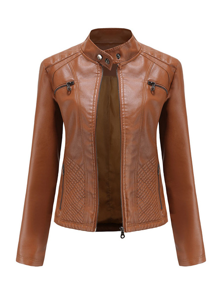 Faux Leather Moto Jacket For Women PU Stand Collar Zipper Spring Fall Slim Fit Biker Outerwear For Women