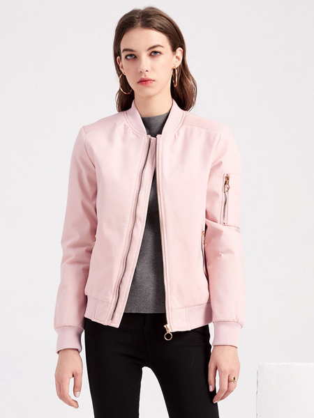 Bomber Jacket Pink Casual Baseball Jacket Solid Color Stand Collar Zip Up Spring Fall Street Outerwear For Women