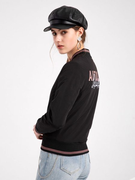 Bomber Jacket Embroidery Black Baseball Jacket Stand Collar Casual Zip Up Spring Fall Cotton Filled Street Outerwear For Women