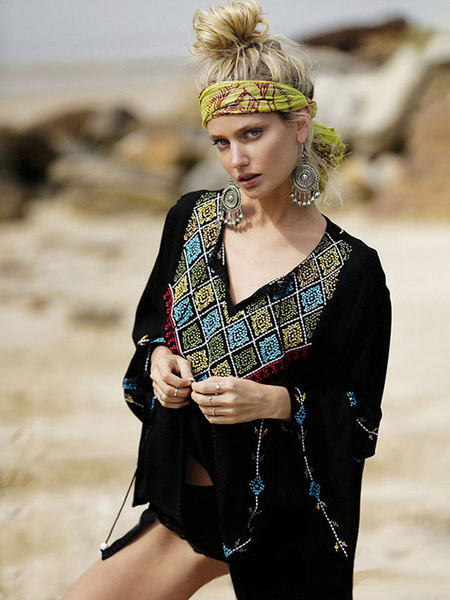 Boho Dress Black Embroidered V-Neck Long Sleeves Bohemian Gypsy Cotton Summer Vacation Mini Beach Dress