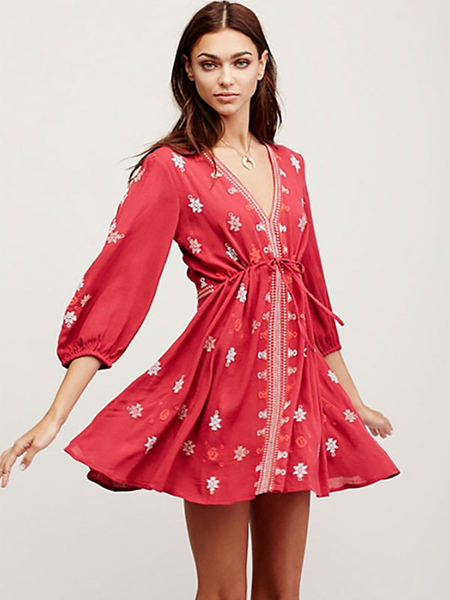 Boho Dress V-Neck Cotton 3/4 Length Sleeves Embroidered Bohemian Gypsy Summer Vacation Mini Beach Dress For Women