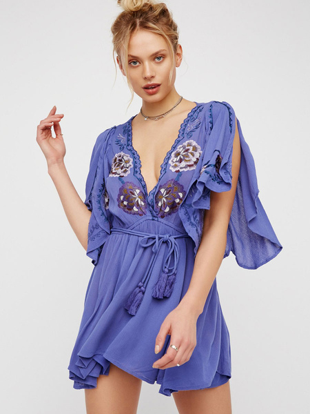 Boho Dress Flower Embroidery Cotton Deep V-Neck Slit Half-Sleeve Bohemian Gypsy Summer Vacation Mini Beach Dress