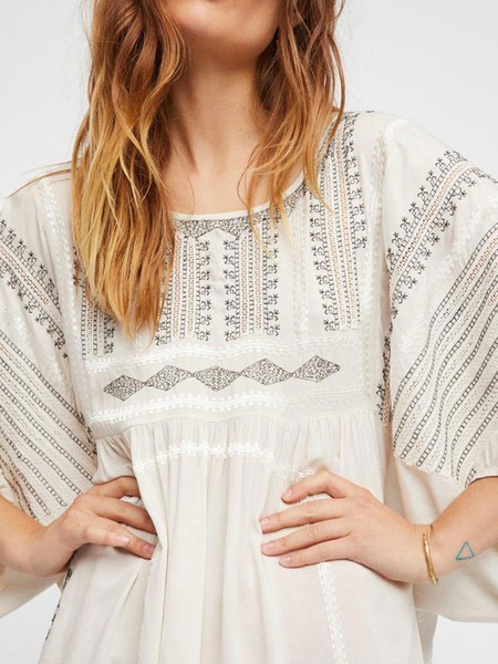 Boho Dress White Embroidered Cotton Jewel Neck 3/4 Length Sleeves Bohemian Gypsy Summer Vacation Mini Beach Dress