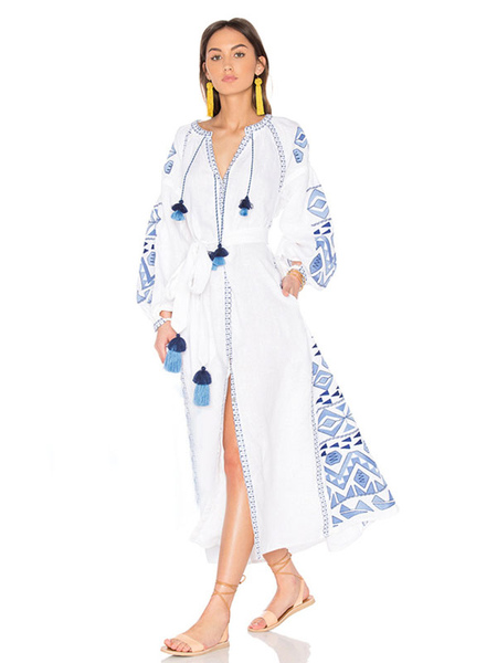 Long Boho Dress White Embroidered Jewel Neck Long Sleeves Bohemian Gypsy Cotton Tassel Summer Vacation Maxi Beach Dress