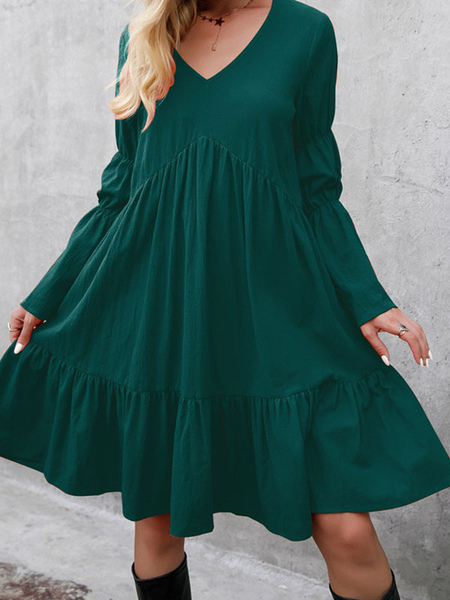 Pleated Cotton Casual V-Neck Long Sleeves Midi Dress