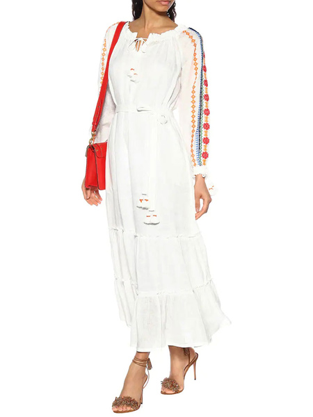 Boho Dress White V-neck Crewneck Long Sleeve Belt Bohemian Gypsy Embroidered Vacation Spring Fall Long Beach Dress For Women