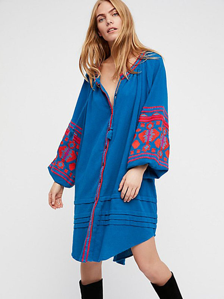 Boho Dress Blue Deep V-neck Long Sleeve Bohemian Gypsy Embroidered Vacation Spring Fall Midi Shift Beach Dress For Women
