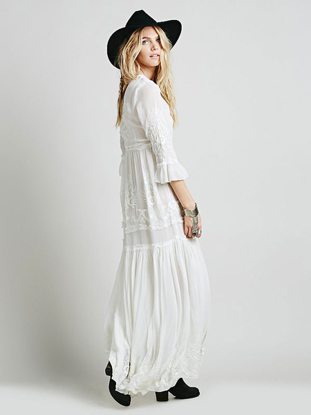 White Boho Dress Cotton Crewneck 3/4-Length Sleeve Embroidered Bohemian Gypsy Spring Fall Wedding Bridal Long Dress For Women
