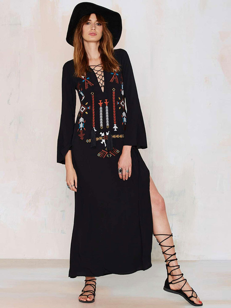 Boho Dress Black Cotton V-neck Long Sleeve Embroidered Bohemian Gypsy Beach Vacation Spring Fall Long Dress For Women