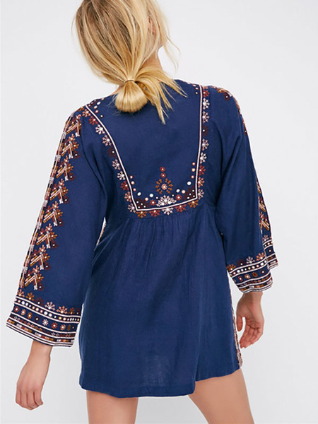 Boho Dress Dark Navy Crewneck Long Sleeve Embroidered Bohemian Gypsy Beach Vacation Spring Fall Shift Dress For Women