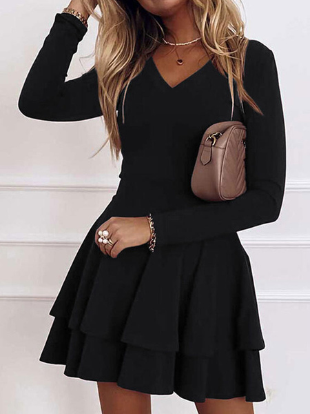 Mini Dresses Black Long Sleeves Polyester Short Dress