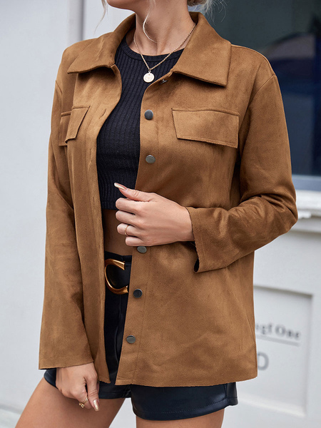 Suede Shacket Jacket Coffee Brown Turndown Collar Button Relaxed Fit Casual Spring Fall Shirt Outerwear For Women