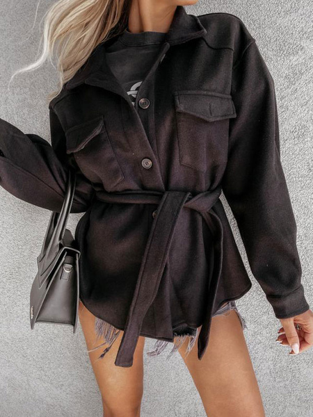Light Gray Jacket Turndown Collar Solid Color Belt Casual Streetwear Oversized Relaxed Fit Spring Fall Outerwear For Women