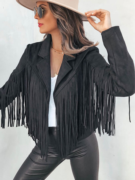 Suede Jacket Black Turndown Collar Fringe Lapel High Waist Solid Color Oversized Relaxed Fit Spring Fall Street Outerwear For Women