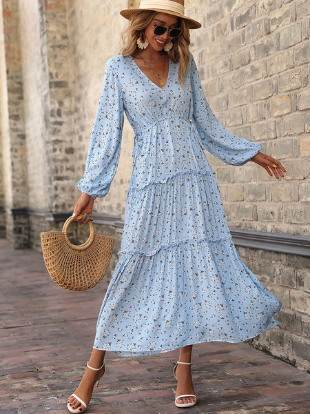 Maxi Dress V-Neck Long Sleeves Polyester Casual Printed Pleated Long Dress