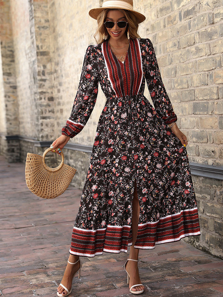 Maxi Dress V-Neck Long Sleeves Viscose Bohemian Printed Split Front Floor Length Dress