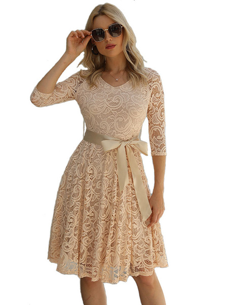 Skater Dresses V-Neck 3/4 Length Sleeves Ruffles Sexy Fit And Flare Dress