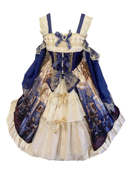 Lolita Dresses Tea Party Style Lolita Skirt Lace Sleeveless Polyester Gothic Floral Print Blue