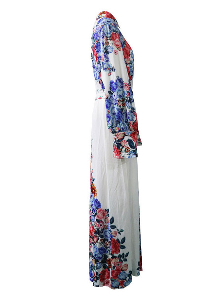 Dresses Shirt Dresses Midi Dress White Turndown Collar Sash Long Sleeves Polyester Floral Print