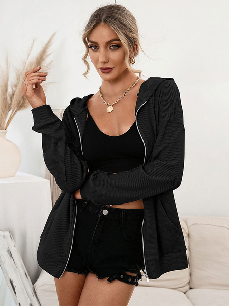 Hoodies Black Zip Up Long Sleeves Casual Street Jacket Spring Fall Outerwear For Women