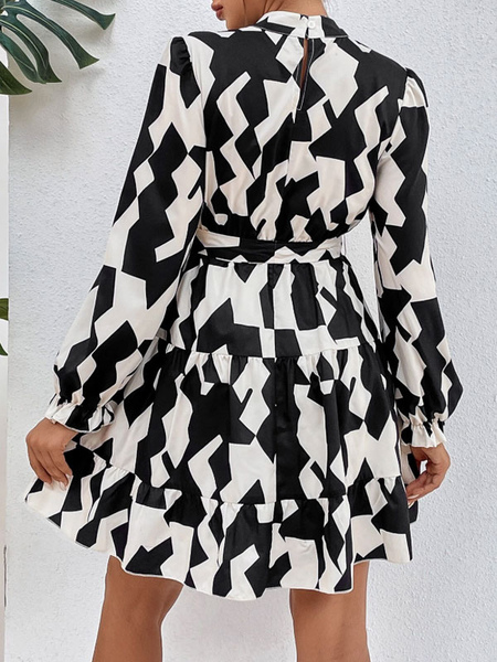 Geometric Lace Up Stretch Polyester Jewel Neck Long Sleeves Midi Dress