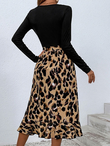 Maxi Dress Sweetheart Neck Long Sleeves Polyester Casual Animal Print Fake Two-Piece Style Long Dress