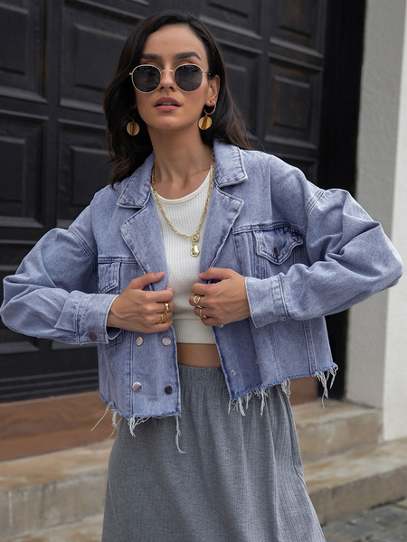 Denim Jacket Turndown Collar Double Breasted High Waist Lapel Casual Relaxed Fit Spring Fall Street Outerwear For Women