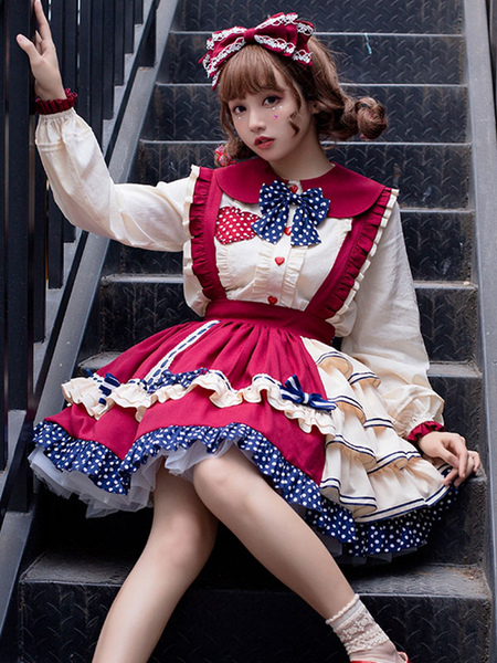 Image of Sweet Lolita Outfits Gonna a maniche lunghe con fiocchi a pois bordeaux
