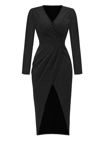 V-Neck Maxi Dress 3/4 Length Sleeves Polyester Sexy Long Dress