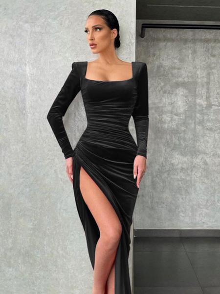 Party Dresses Black Square Neck Long Sleeves High-slit Semi Formal Dress