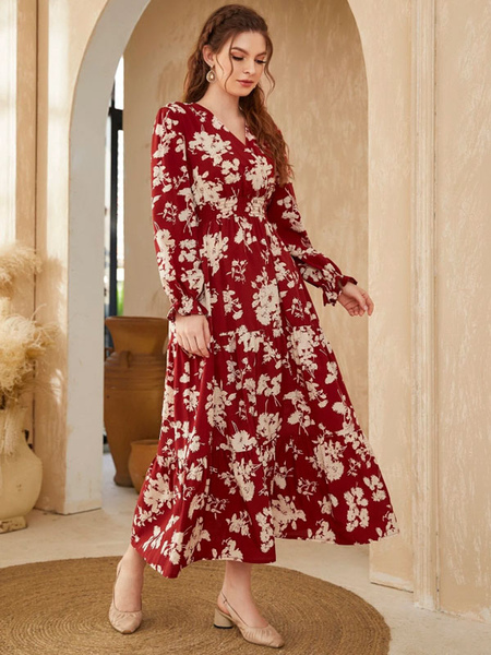 Boho Dress V-Neck Long Sleeves Floral Print Summer Dress