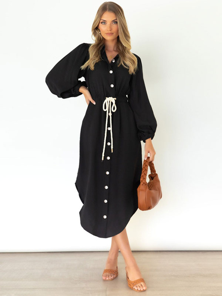 Maxi Dress Turndown Collar Long Sleeves Polyester Casual Long Dress