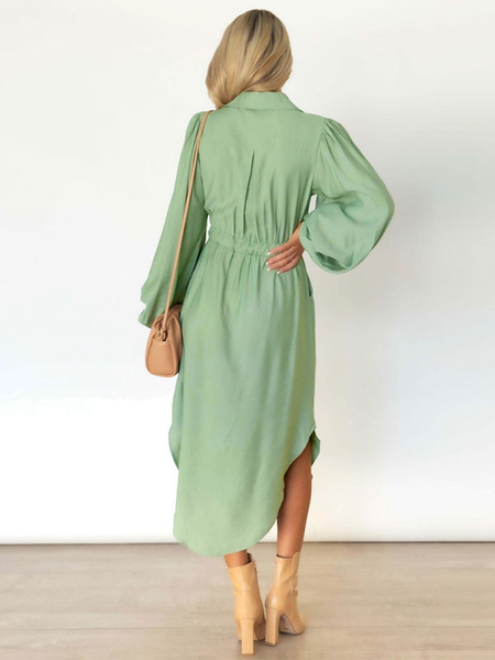 Maxi Dress Turndown Collar Long Sleeves Polyester Casual Long Dress