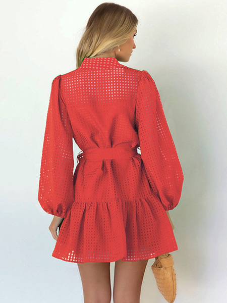 Dresses Shirt Dresses Midi Dress Red Turndown Collar Long Sleeves Polyester