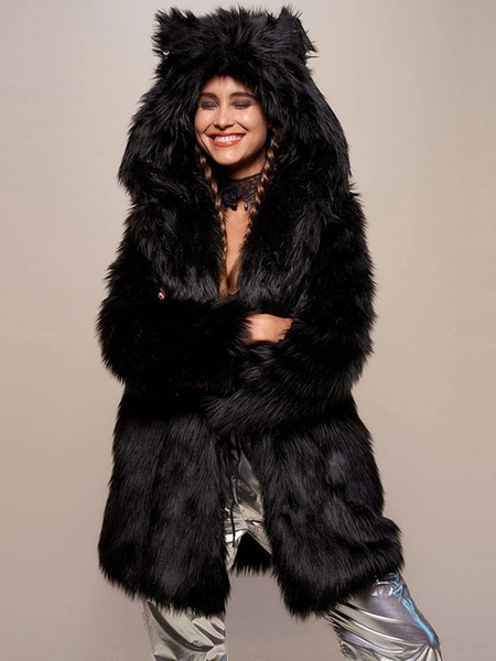 Plush Faux Fur Coat Hooded Black Cat Ears Long Sleeves Leopard Warm Winter Outerwear For Women