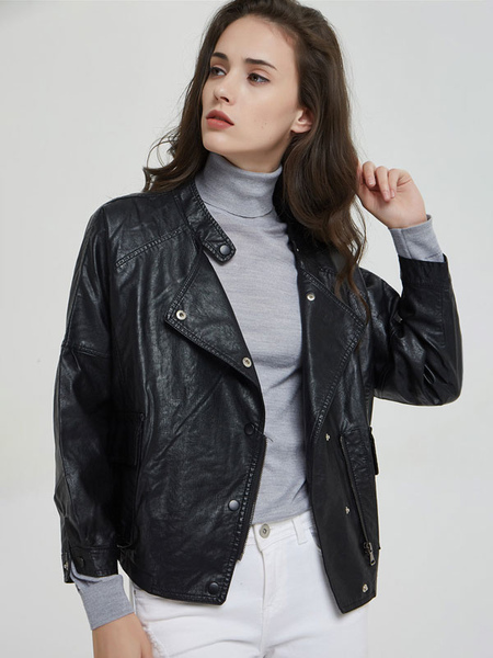 Faux Leather Moto Jacket Stand Collar PU Long Sleeve Boyfriend Style Button Relaxed Fit Casual Spring Fall Black Biker Outerwear for Women