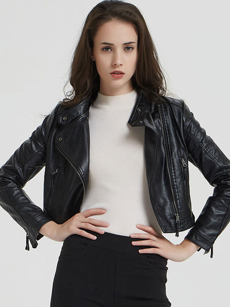 PU Leather Moto Jacket Stand Collar Boyfriend Spring Outerwear for Women