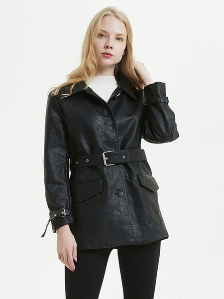 Faux Leather Shirt Jacket Black PU Turndown Collar Button Boyfriend Style Belt Relaxed Fit Spring Fall Outerwear for Women