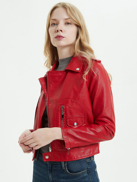 Faux Leather Moto Jacket Red PU Zip Up Boyfriend Style Turndown Collar Slim Fit Spring Fall Biker Outerwear for Women