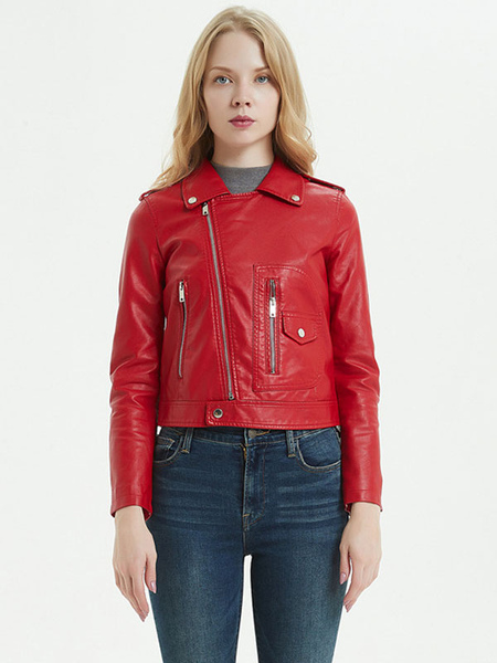 Faux Leather Moto Jacket Red PU Zip Up Boyfriend Style Turndown Collar Slim Fit Spring Fall Biker Outerwear for Women