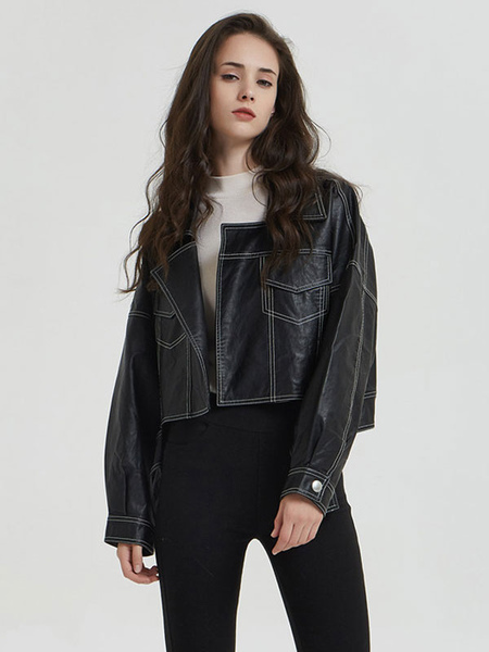 Faux Leather Shirt Jacket Black Turndown Collar PU Relaxed Fit Long Sleeve Oversized Boyfriend Style Casual Spring Fall Short Outerwear for Women