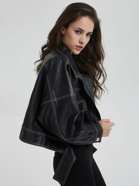Faux Leather Shirt Jacket Black Turndown Collar PU Relaxed Fit Long Sleeve Oversized Boyfriend Style Casual Spring Fall Short Outerwear for Women