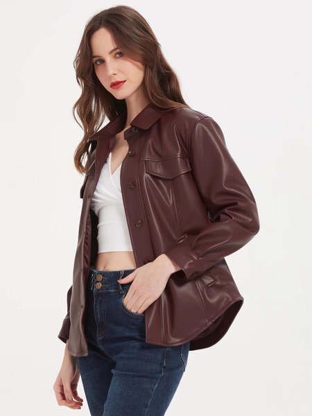 Faux Leather Shirt Jackt Burgundy PU Turndown Collar Button Casual Belt Spring Fall Street Outerwear For Women
