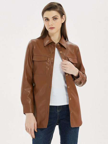 Faux Leather Shirt Jacket Coffee Brown Turndown Collar PU Slim Fit Long Sleeve Casual Belt Spring Fall Outerwear for Women