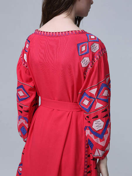 Boho Dress Red V-Neck 3/4 Length Sleeves Embroidered Bohemian Gypsy Beach Vacation Spring Summer Midi Dress For Women
