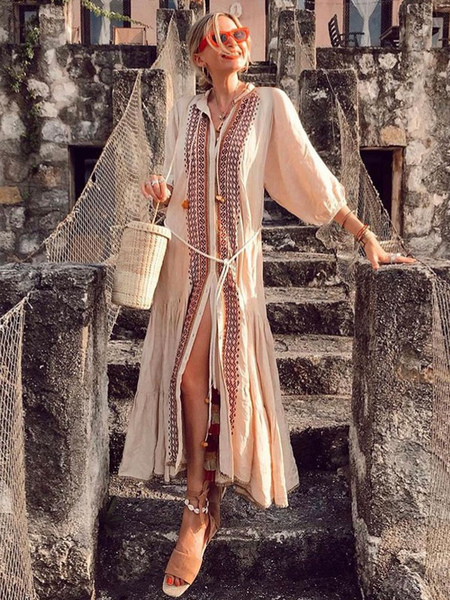 Boho Dress V-Neck 3/4 Length Sleeves Light Apricot Embroidered Bohemian Gypsy Beach Vacation Spring Summer Midi Dress For Women