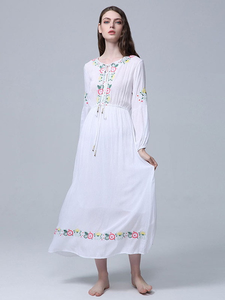 Boho Dress Jewel Neck Long Sleeves White Embroidered Bohemian Gypsy Beach Vacation Spring Summer Long Dress For Women
