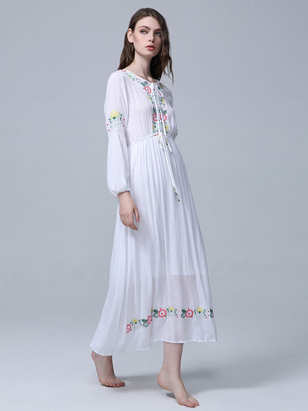 Boho Dress Jewel Neck Long Sleeves White Embroidered Bohemian Gypsy Beach Vacation Spring Summer Long Dress For Women
