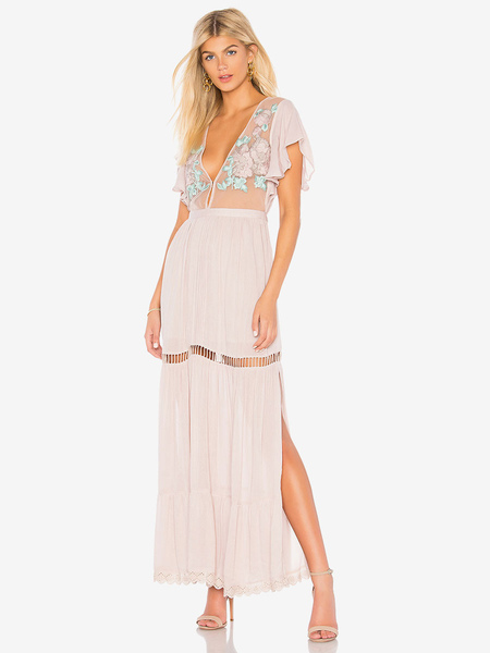 Boho Dress Light Pink V-Neck Short Sleeves Embroidered See-through Bohemian Gypsy Beach Vacation Summer Maxi Dress For Women